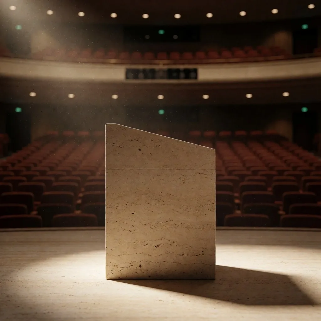 Podium batu di auditorium yang remang dengan sorotan lampu tunggal