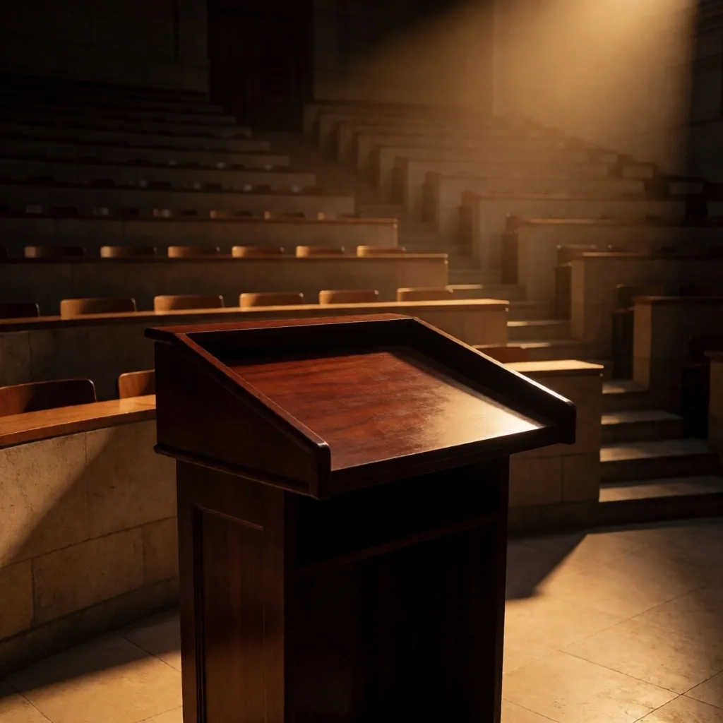 Podium dalam aula batu yang remang