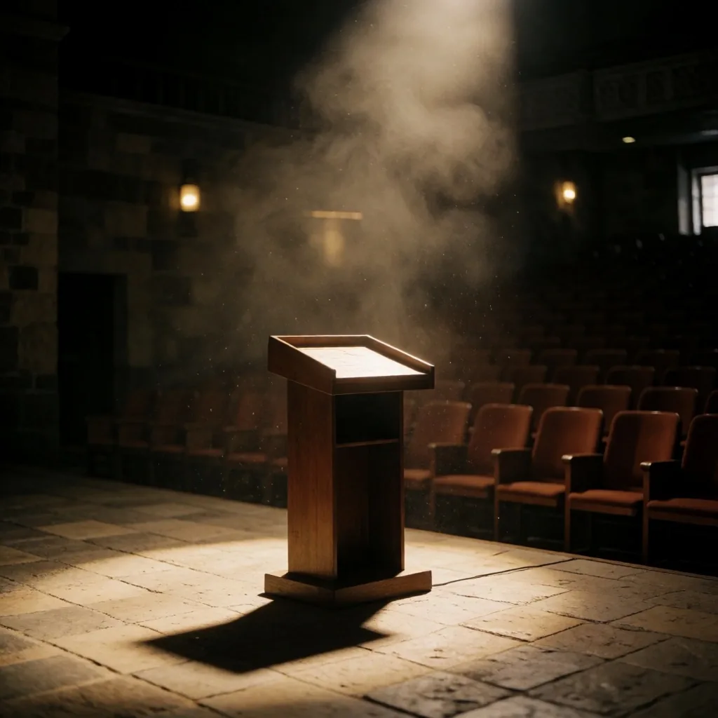 Podium dalam ruang auditorium yang redup